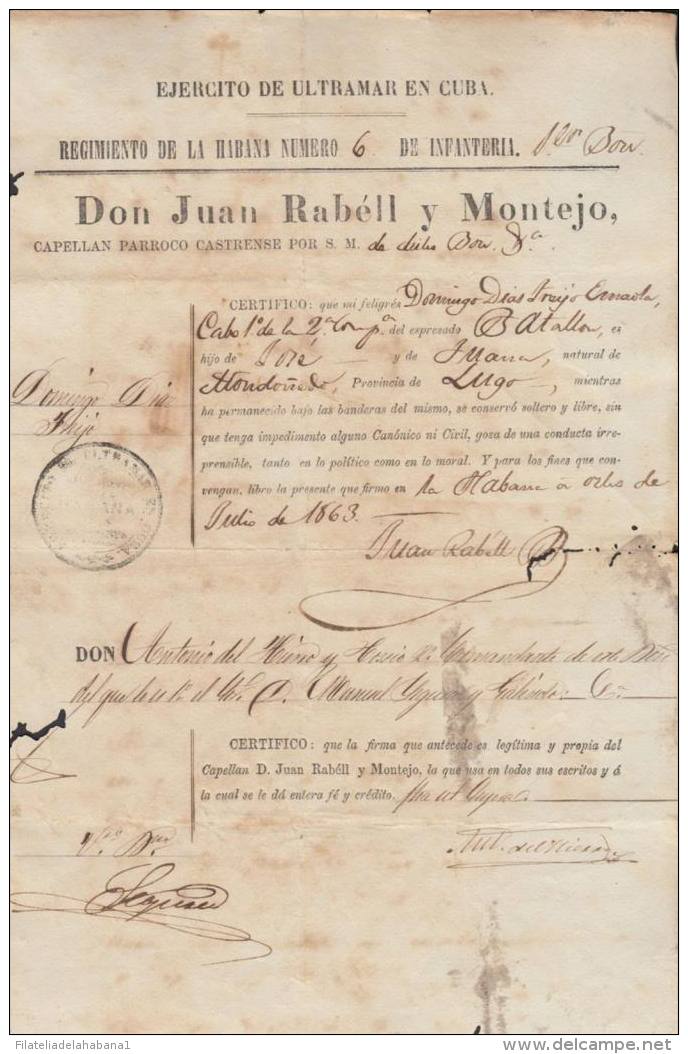 E842 CUBA SPAIN ESPAÑA SINGLE CERTIFICATE OF ARMY "REG INFANTERIA HABANA" 1863 - America (Other)