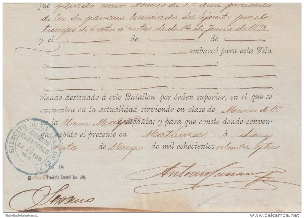 E859 CUBA SPAIN ESPAÑA 1883 MILITAR DOC. BATALLON DE CAZADORES DE LA UNION No.2 - America (Other)