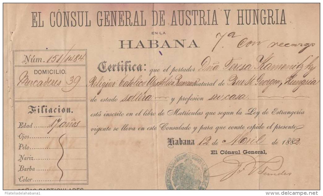 E866 CUBA SPAIN ESPAÑA 1860.CONSULATE OF EMPIRE AUSTRIA HUNGARY. SINGLE CERTIFICATE. - America (Other)