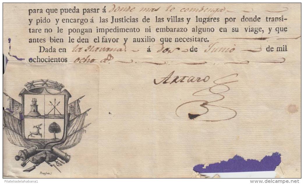 E867 CUBA SPAIN ESPAÑA 1808. LICENCIAMIENTO DE SERVICIO MILITAR. ARTAZO COAST. NOBILIARY FAMILIY  ARTAZO - America (Other)