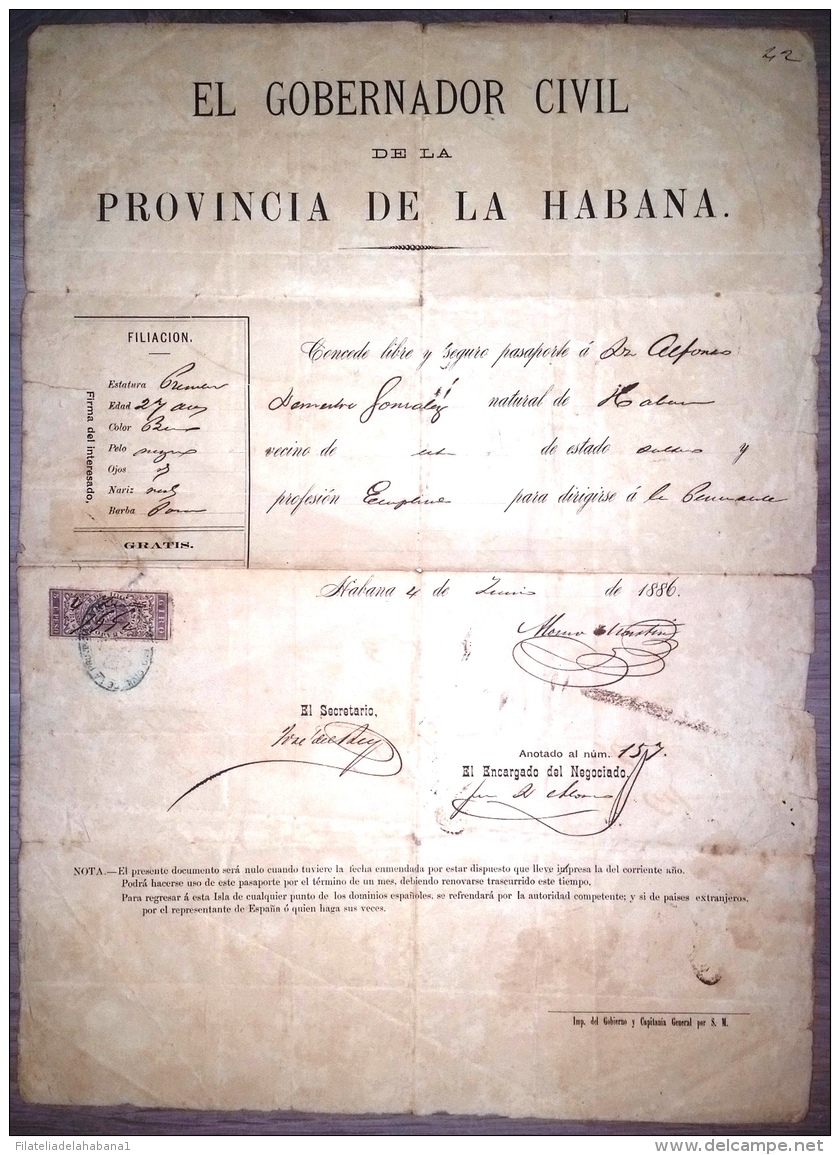 E928 SPAIN ESPAÑA CUBA OBSOLETE PASSP TO SPAIN 1886 REVENUE  GIROS STAMP - America (Other)