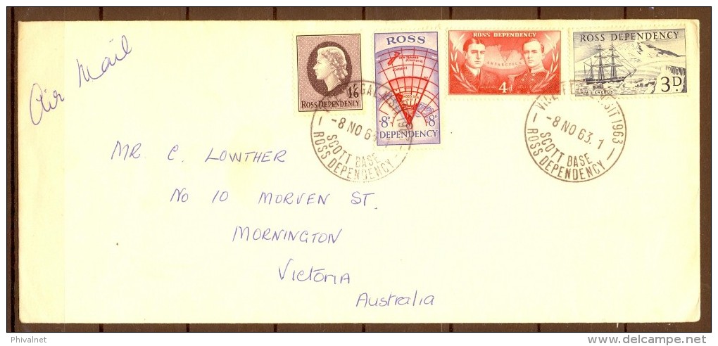 TERRITORIOS DE ROSS , AÑO 1963 , SOBRE CIRCULADO A MORNINGTON , BASE SCOTT - Cartas & Documentos