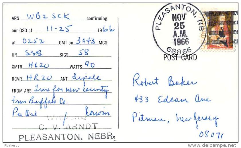 Amateur Radio QSL - WA0LRQ - Pleasanton, NE -USA- 1966 - 2 Scans - Radio Amateur