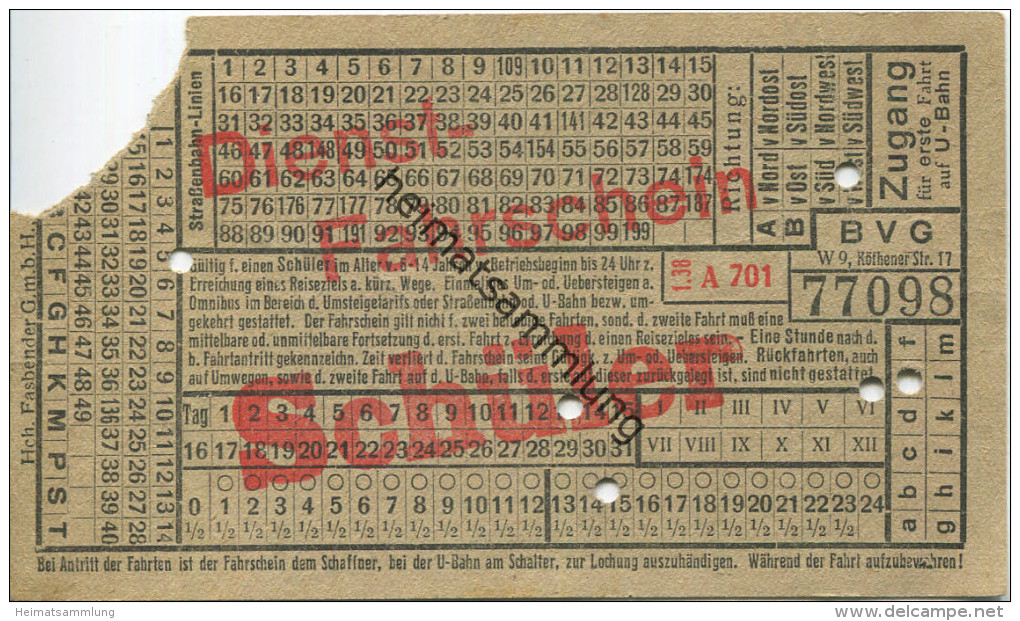 BVG Berlin Köthener Str. 17 - Dienst-Fahrschein - Schüler - 1938 - Gültig Für Einen Schüler Im Alter Von 6-14 Jahren - Europa