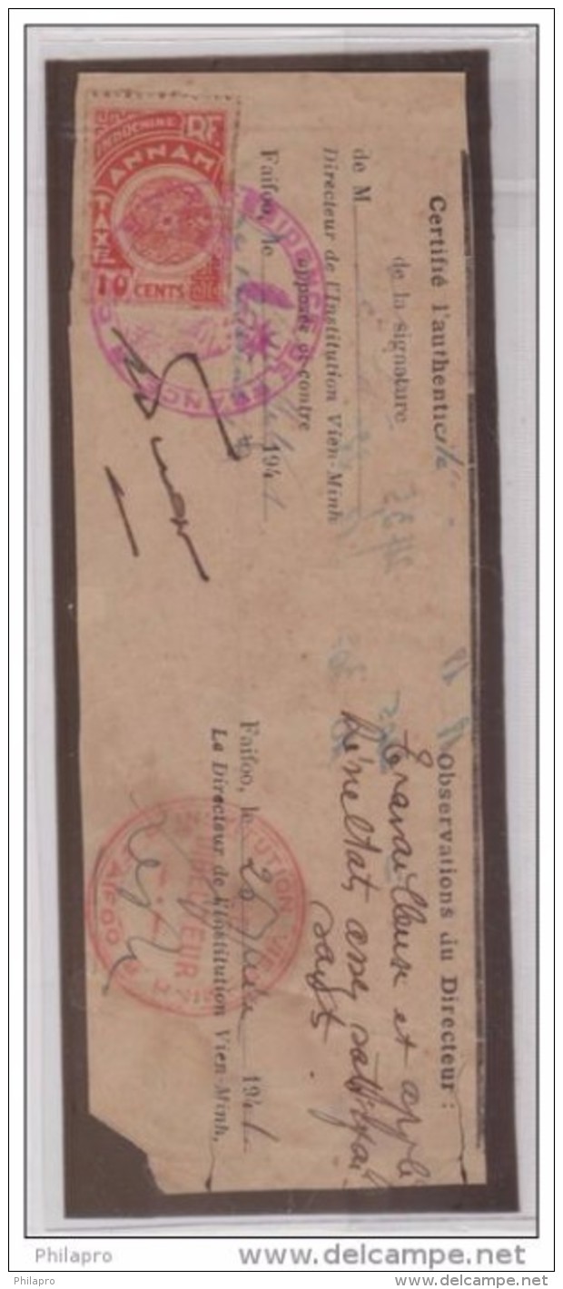 ANNAM INDOCHINE  TAXE 10CENT  Avec CACHET FAIFOO 1941 SUR FRAGMENT  RARE - Portomarken