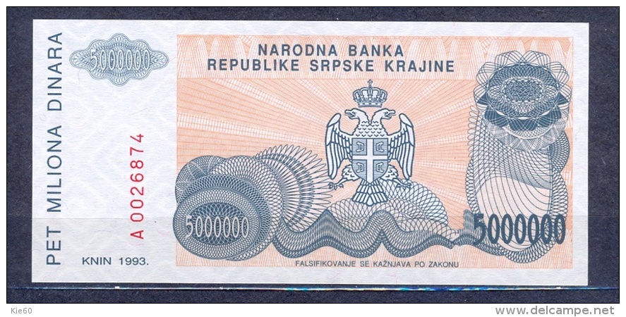 Croatia  - Knin  1993 -   5 Mil  Dinar ....UNC ..PR24 - Croacia