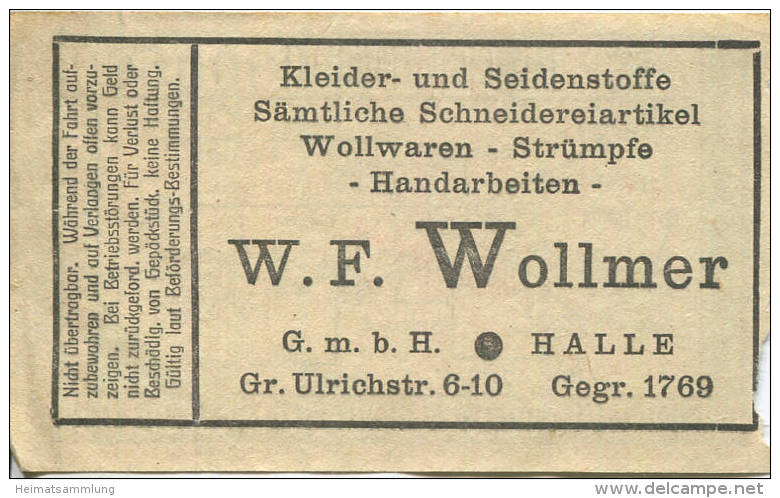 Halle - Strassenbahn Halle - Heft-Fahrschein 30er Jahre - Rückseitig Werbung W.F. Wollmer Kleider- Und Seidenstoffe Gros - Europe