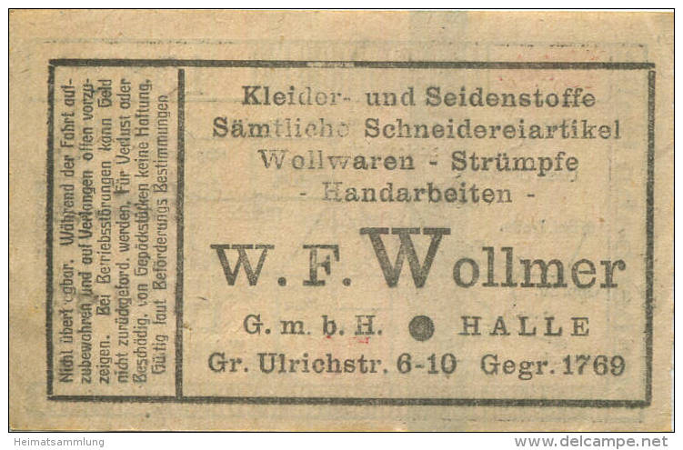 Halle - Strassenbahn Halle 10 Rpfg. 30er Jahre - Rückseitig Werbung W.F. Wollmer Kleider- Und Seidenstoffe Grosse Ulrich - Europe