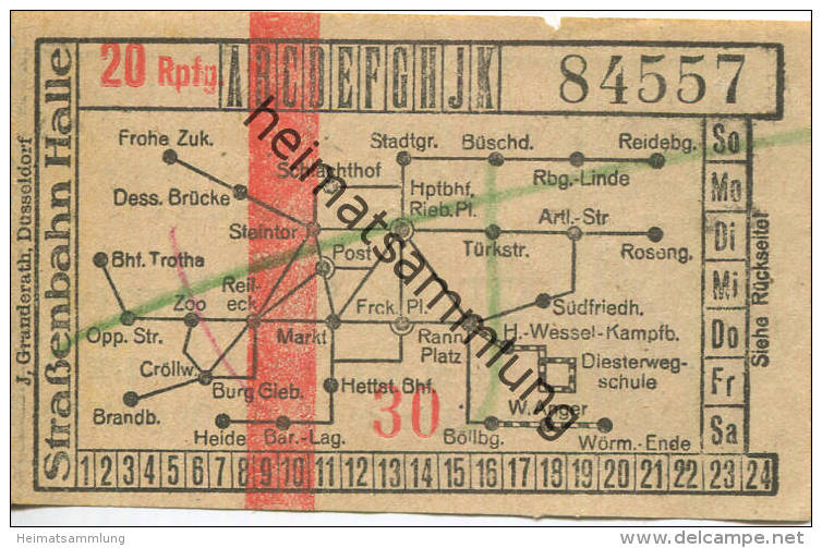 Halle - Strassenbahn Halle 20 Rpfg. 30er Jahre - Rückseitig Werbung W.F. Wollmer Kleider- Und Seidenstoffe Grosse Ulrich - Europe