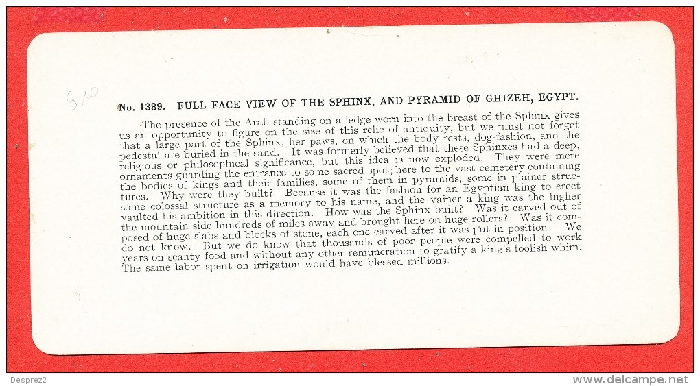 EGYPTE  Carte Stéréoscopique The Sphinx Pyramid Of Ghizeh - Pyramids