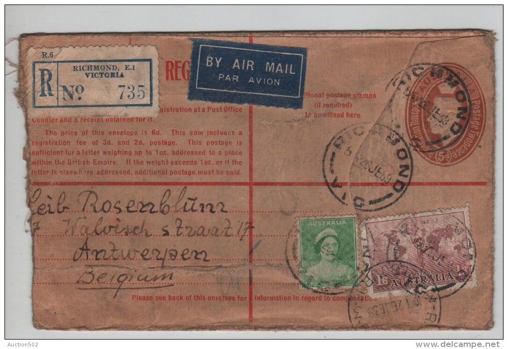 Australia Registered Air Mail PSL Richmond 1939 Via Melbourne To Belgium Antwerp Roughly Open PR3241 - Covers & Documents