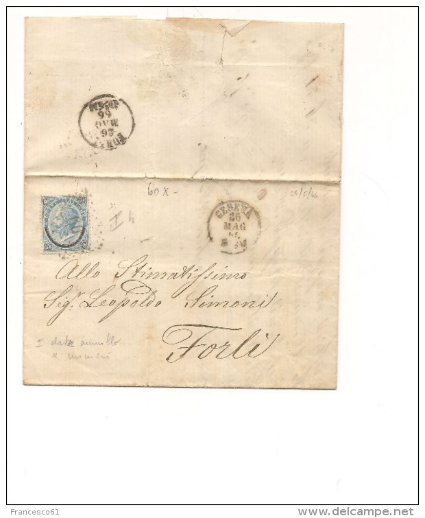 1426) Annullo NUMERALE PUNTI Cesena 60 26-5-1866 De La Rue 20 Su 15c Isolato - Storia Postale