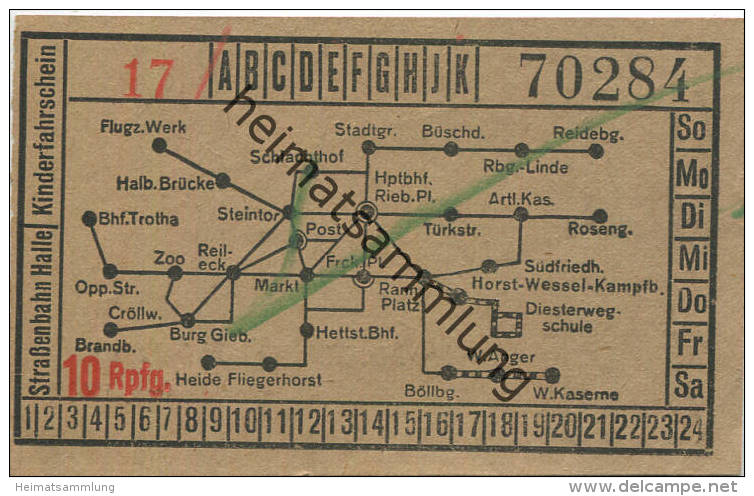 Halle - Strassenbahn Halle - Kinderfahrschein 10 Rpfg. 30er Jahre - Rückseitig Werbung W.F. Wollmer Kleider- Und Seidens - Europe