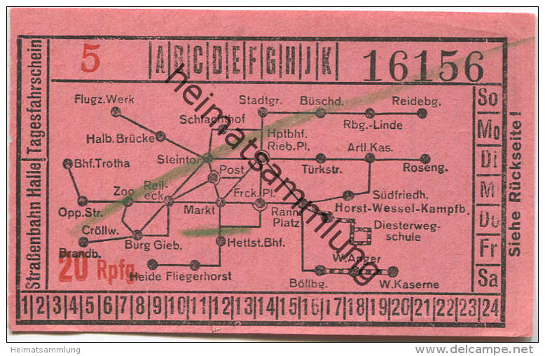 Halle - Strassenbahn Halle - Tagesfahrschein 20 Rpfg. 30er Jahre - Rückseitig Werbung W.F. Wollmer Kleider- Und Seidenst - Europe