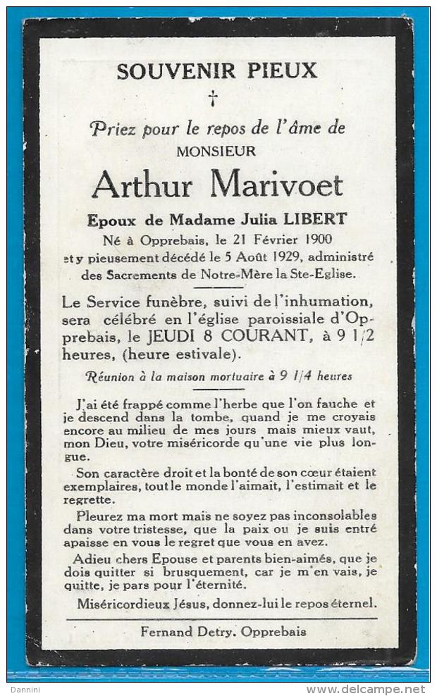 Souvenir Pieux De Arthur Marivoet - Opprebais - 1900 - 1929 - Images Religieuses