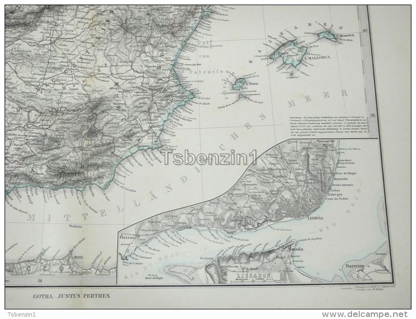 Spain Portugal Mallorca Ibiza Gibraltar Lisabon Lisboa France Karte Map 47x39 Cm ~1882 - Geographical Maps