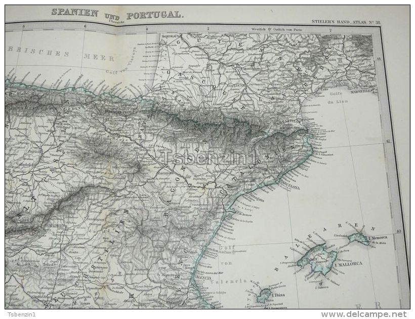 Spain Portugal Mallorca Ibiza Gibraltar Lisabon Lisboa France Karte Map 47x39 Cm ~1882 - Geographical Maps