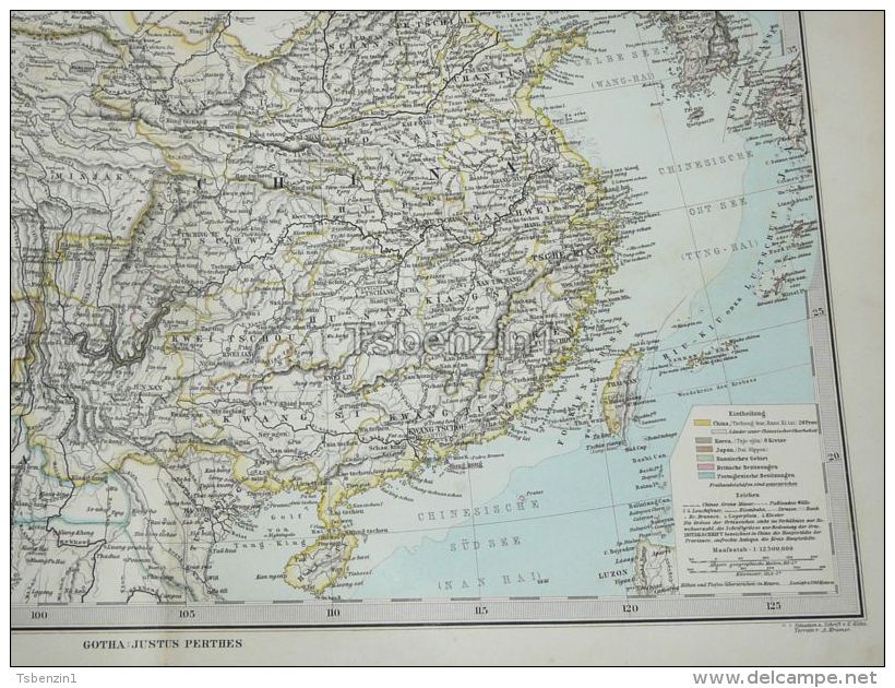 Asia China Burma Tibet Russia Mongolia Korea Nepal Turkestan Taiwan Peking Karte Map 47x39 Cm ~1882 - Geographical Maps