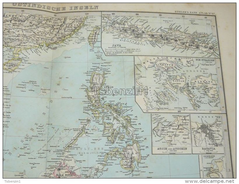 India Asia Sumatra Siam Burma Taiwan Borneo Philippines Java Timor Cambodia Singapur Map 47x39 Cm ~1882 - Geographical Maps