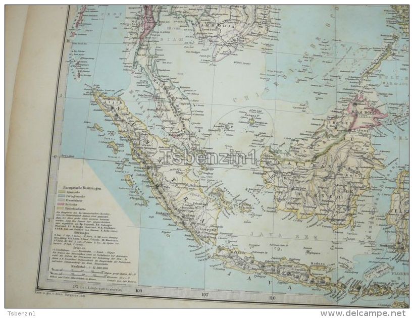 India Asia Sumatra Siam Burma Taiwan Borneo Philippines Java Timor Cambodia Singapur Map 47x39 Cm ~1882 - Geographical Maps