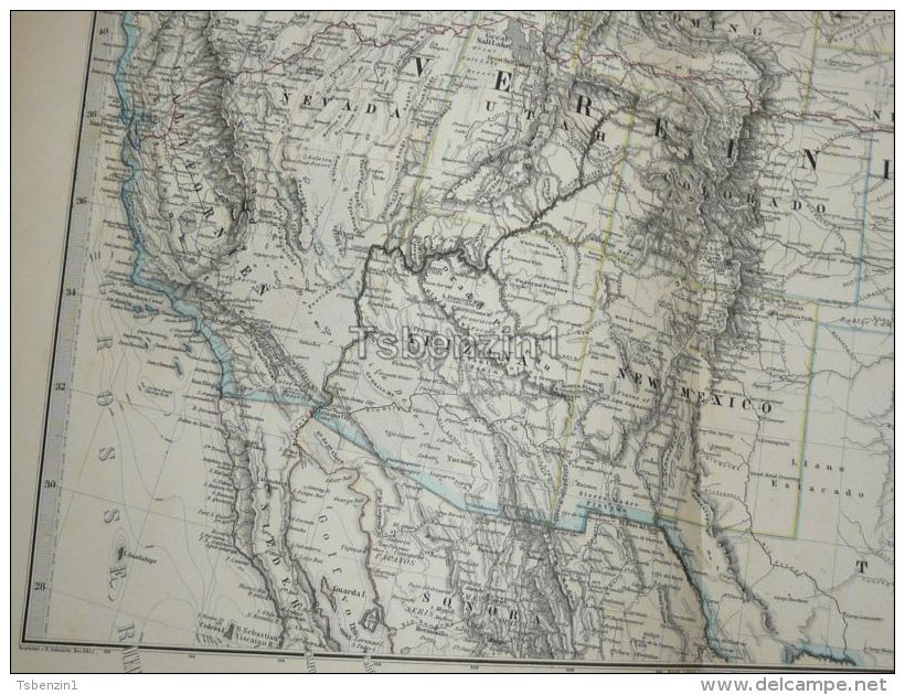 North America United States USA Oregon Nevada Arizona New Mexico Texas Dakota Minesota Iowa Missouri Map 47x39 Cm ~1882 - Landkarten