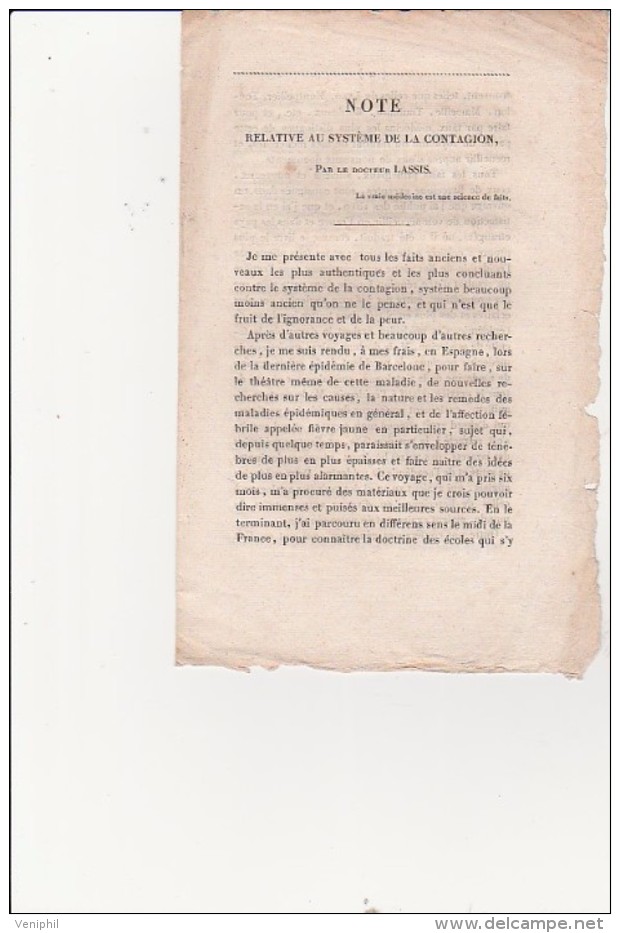 NOTE RELATIVE AU SYSTEME DE LA CONTAGION,PAR LE DOCTEUR LASSIS - Décrets & Lois