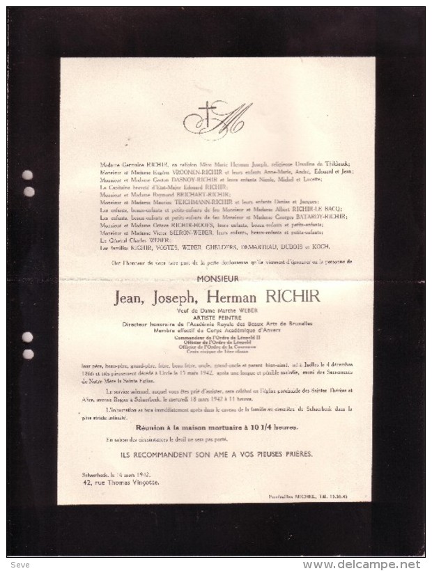 IXELLES UCCLE Jean RICHIR Veuf WEBER Artiste Peintre Directeur Beaux-Arts Bruxelles 1866-1942 Enterré Schaerbeek - Avvisi Di Necrologio