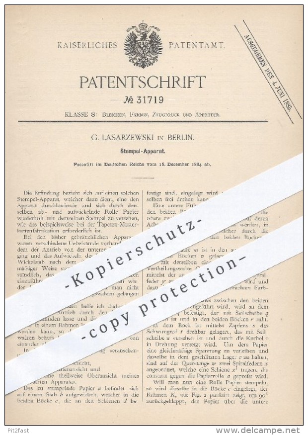 Original Patent - G. Lasarzewski In Berlin , 1884 , Stempel - Apparat Für Tapeten , Papier , Walze , Walzen , Stempeln ! - Historische Dokumente