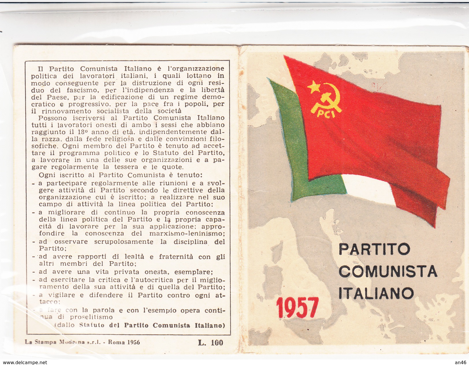 TESSERA-1957-PARTITO  COMUNISTA ITALIANO-OTTIMA CONSERVAZIONE-2 SCAN - Advertising