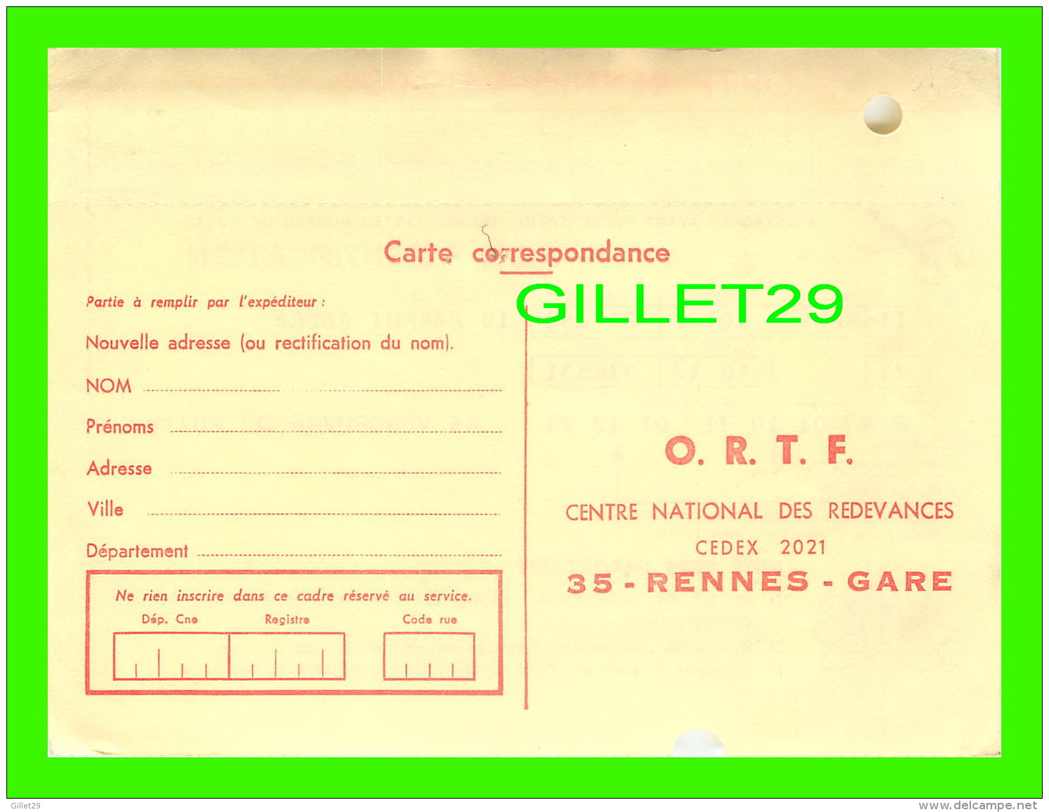 DOCUMENTS HISTORIQUES - O.R.T.F., CENTRE NATIONAL DES REDEVANCES, RENNES-GARE (35) - FICHE D'IDENTIFICATION, 1974 - - Documents Historiques