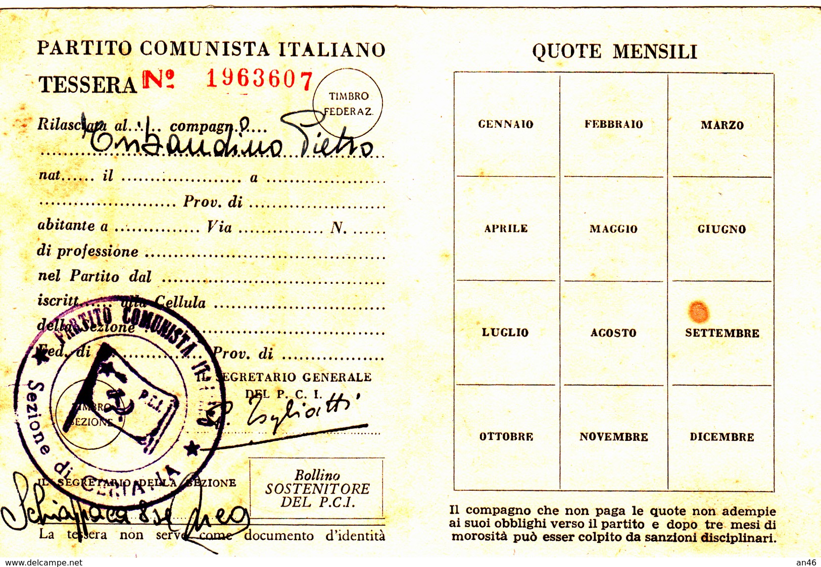 TESSERA-1953-PARTITO  COMUNISTA ITALIANO-OTTIMA CONSERVAZIONE-2 SCAN - Publicidad