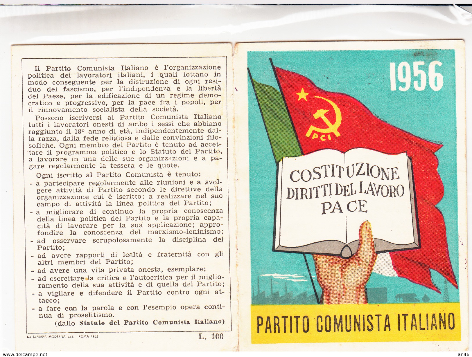 TESSERA-1956-PARTITO  COMUNISTA ITALIANO-COSTITUZIONE DIRITTI DEL LAVORO PACE-OTTIMA CONSERVAZIONE-2 SCAN - Publicités