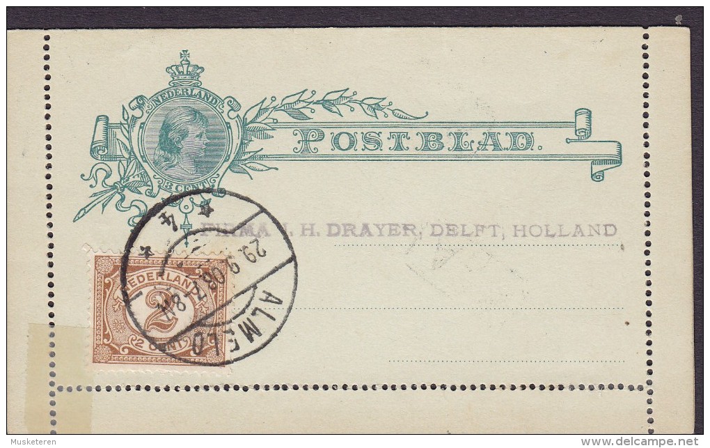 Netherlands Uprated Postal Stationery Ganzsache Wilhelmina Postblad ALMELD 1908 Firma J.H. DRAYER, DELFT (Arr.)(2 Scans) - Postal Stationery