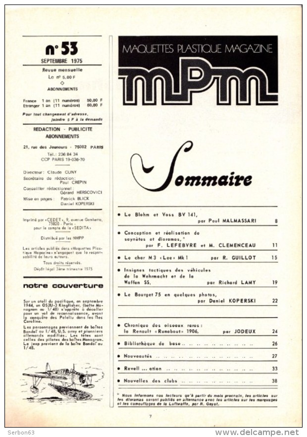 REVUE MENSUELLE N°53 SEPTEMBRE 1975 MAQUETTES PLASTIQUE MAGAZINE MPM MAQUETTISME COUVERTURE OS 2U - 3 KINGFISHER - Modellismo