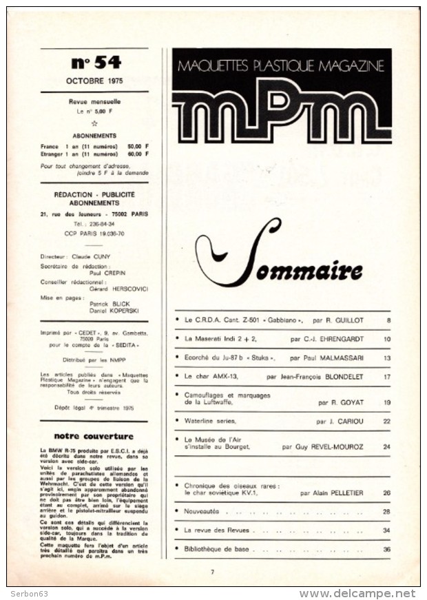 REVUE MENSUELLE N°54 OCTOBRE 1975 MAQUETTES PLASTIQUE MAGAZINE MPM MAQUETTISME COUVERTURE BMW R-75 PRODUITE PAR E.S.C.I. - Modélisme