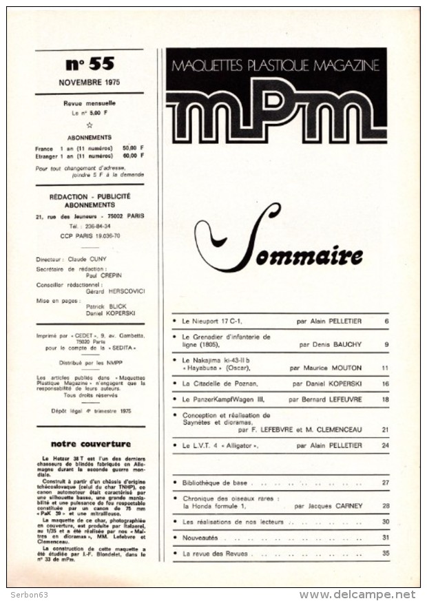 REVUE MENSUELLE N°55 NOVEMBRE 1975 MAQUETTES PLASTIQUE MAGAZINE MPM MAQUETTISME COUVERTURE LE CHASSEUR DE... HETZER 38 T - Modellismo
