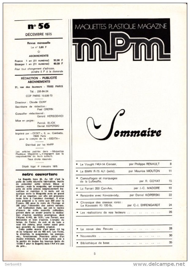 REVUE MENSUELLE N°56 DECEMBRE 1975 MAQUETTES PLASTIQUE MAGAZINE MPM MAQUETTISME COUVERTURE LA VOITURE  BUGATTI TYPE 1935 - Modélisme