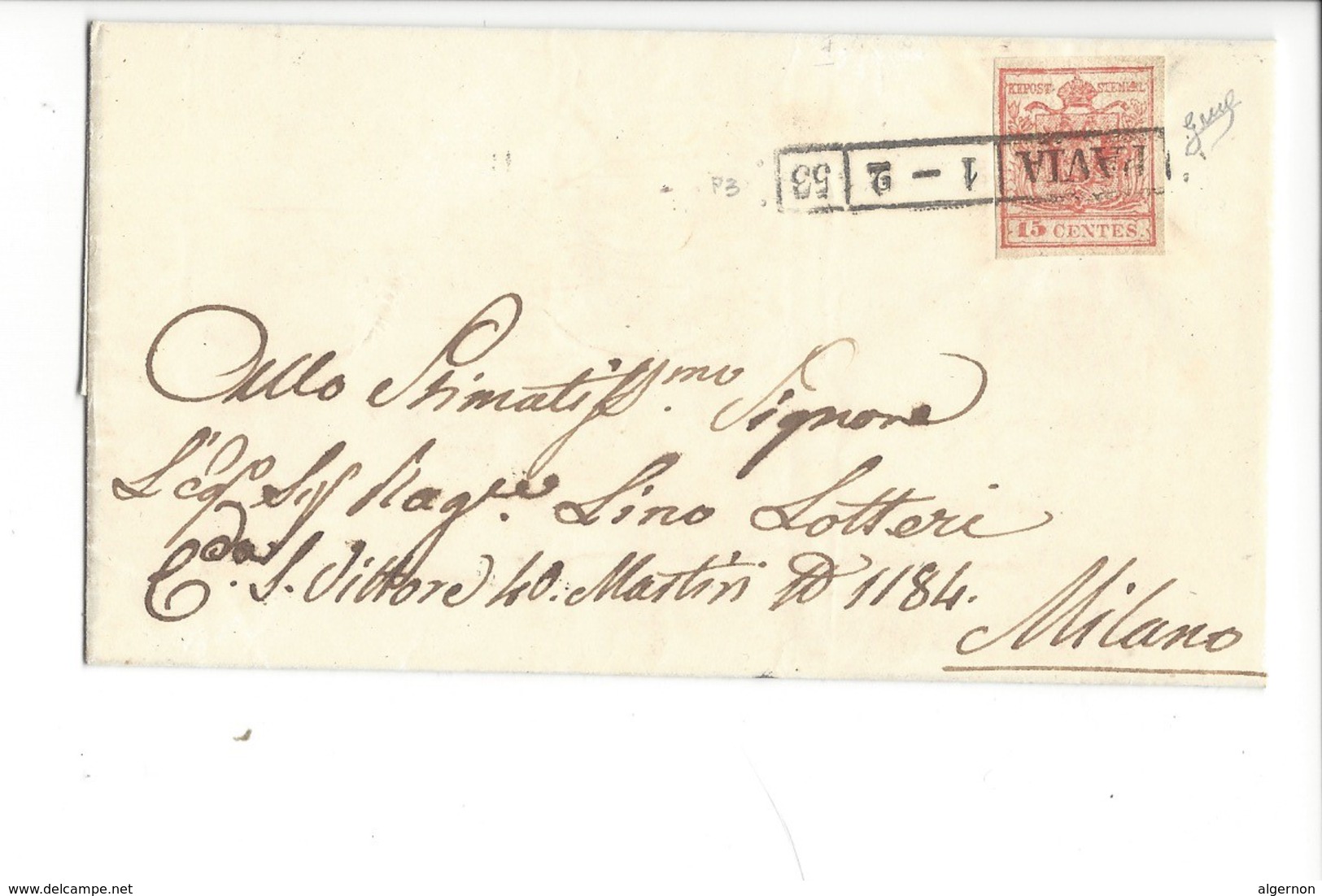 15033 - Lettre Pavia Pour Milano 01.02.1853 15 Centime Rouge - Lombardo-Vénétie