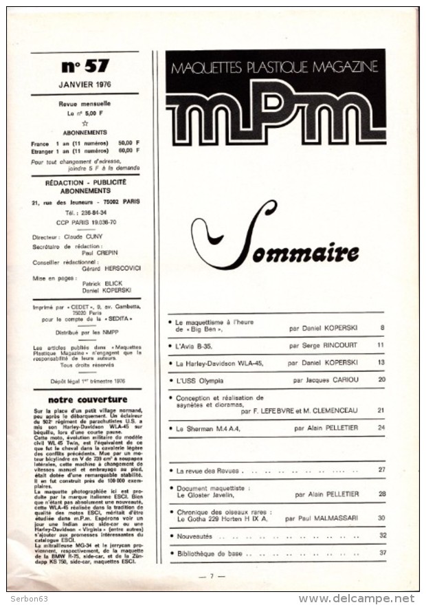 REVUE MENSUELLE N°57 JANVIER 1976 MAQUETTES PLASTIQUE MAGAZINE MPM MAQUETTISME COUVERTURE MOTO HARLEY-DAVIDSON WLA-45 - Model Making