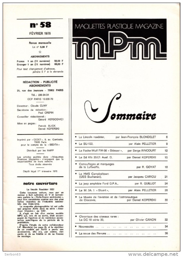 REVUE MENSUELLE N°58 FEVRIER 1976 MAQUETTES PLASTIQUE MAGAZINE MPM MAQUETTISME COUVERTURE LA LINCOLN ROADSTER 1927 - Modélisme