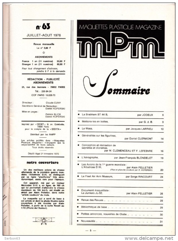 1 REVUE N°63 JUILLET AOUT 1976 MAQUETTES PLASTIQUE MAGAZINE MPM MAQUETTISME COUVERTURE AVION ALLEMAND ALBATROSS D. III - Modélisme