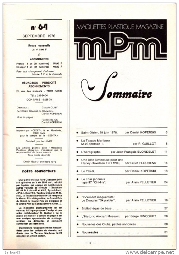 1 REVUE N°64 SEPTEMBRE 1976 MAQUETTES PLASTIQUE MAGAZINE MPM MAQUETTISME COUVERTURE VOITURE TEXACO MARLBORO M-23 - Modélisme