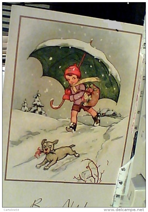 BAMBINO CON OMBRELLO CANE DOG ILLUSTRATA  BUON NATALE  N1950 FN3966 - Altri & Non Classificati