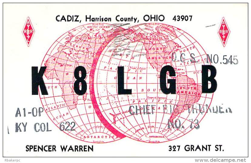 Amateur Radio QSL - K8LGB - Cadiz, OH -USA- 1968 - 2 Scans - Radio-amateur