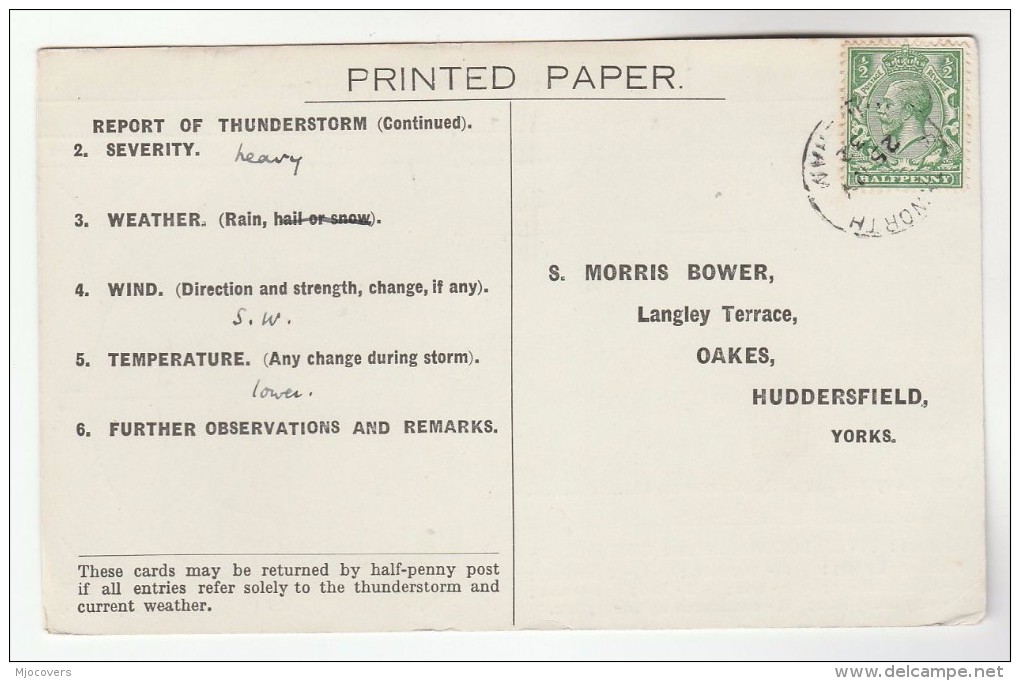 1932 WAREHAM Cds COVER Postcard METEOROLOGY Report WEATHER STATION  Re THUNDERSTORM  Gb Gv Stamps - Covers & Documents