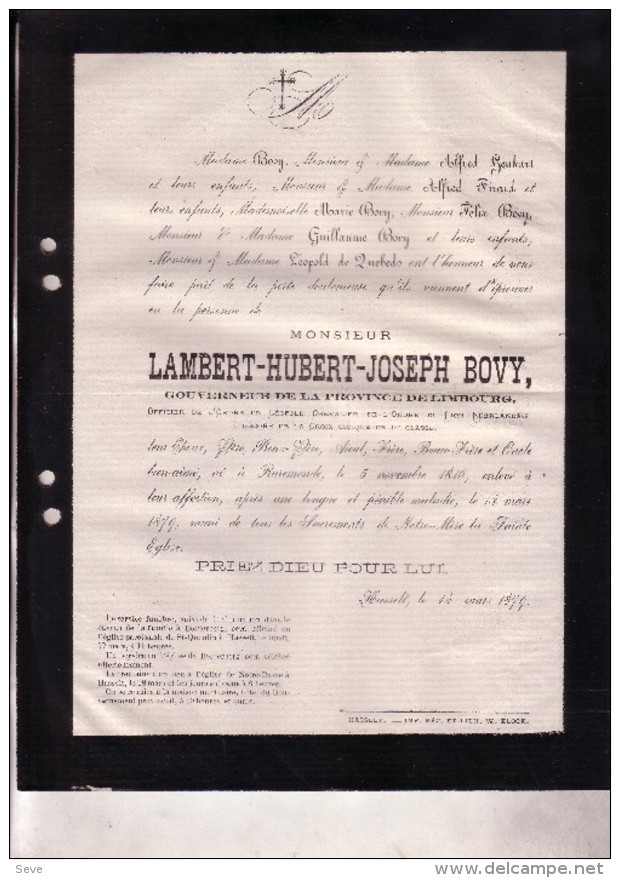 RUREMONDE HASSELT Lambert BOVY Gouverneur LIMBOURG LIMBURG 1840-1879 Doodsbrief Enterré BOLDERBERG - Obituary Notices