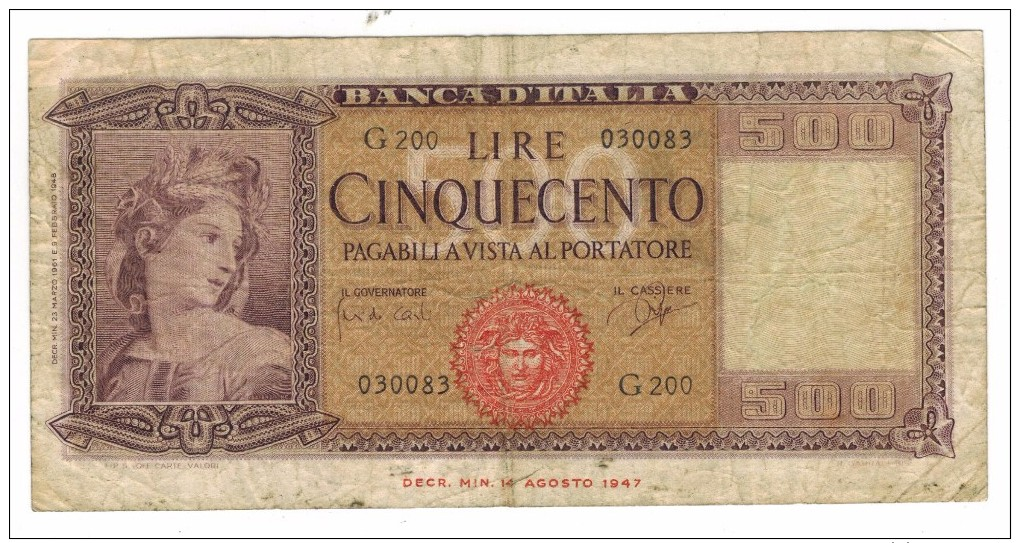 Italy, 500 Lire, 1948. P-80b. Used But Rare.  Free Ship. To USA. - Otros & Sin Clasificación