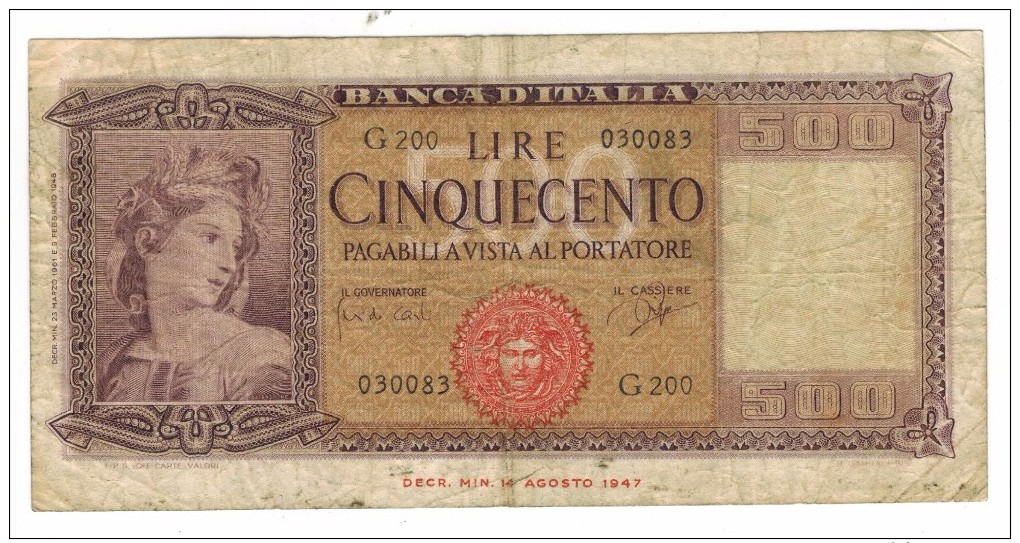 Italy, 500 Lire, 1948. P-80b. Used But Rare.  Free Ship. To USA. - Andere & Zonder Classificatie