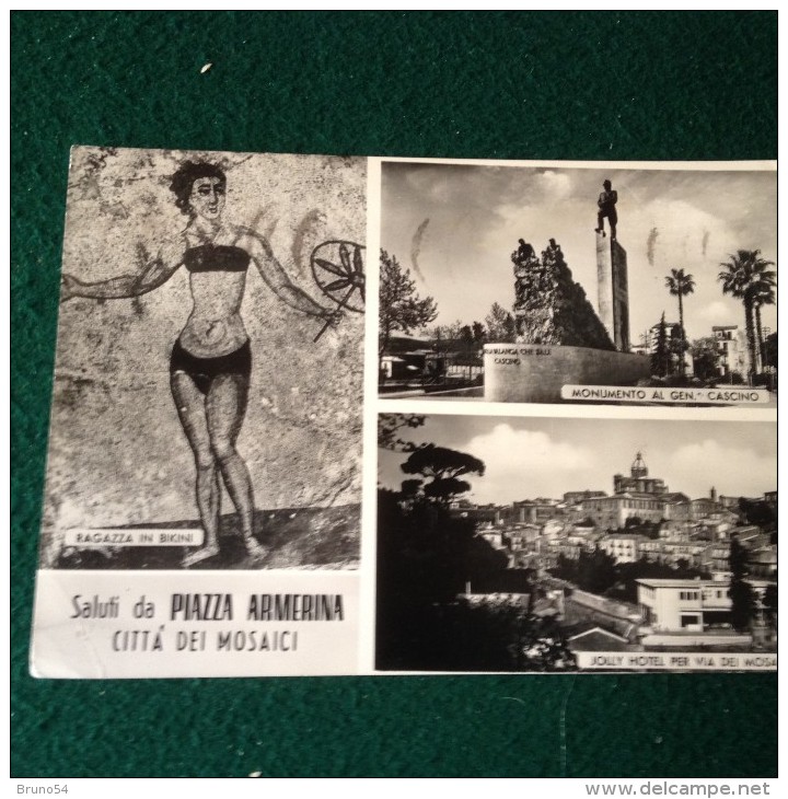 Cartolina Saluti Da Piazza Armerina Citta Dei Mosaici,monumento Gen Cascino,jolly Hotel Viaggiata 1961 Enna - Enna