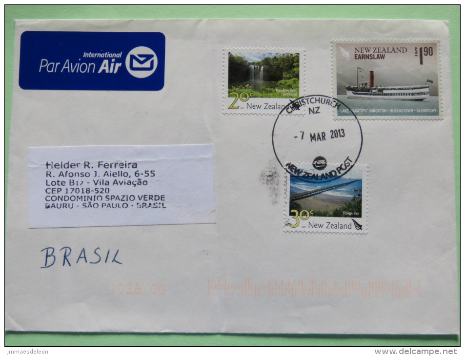 New Zealand 2013 Cover To Brasil - Waterfall - Ship - Bridge - Brieven En Documenten